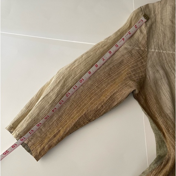 Flax- Striped Linen tunic Button down with 3/4 sleeves Earthy Tones Size S - Picture 7 of 12